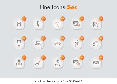 Set line Acne, Sunscreen cream in tube, Cream or lotion cosmetic, Lip augmentation, Tube of hand, Shaving foam, Mascara brush and Smiling lips icon. Vector