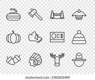 Set line Acorn, Canadian ranger hat, Capilano Suspension Bridge, Native American Indian, Stone for curling, Canada map, Moose head with horns and Beanie icon. Vector