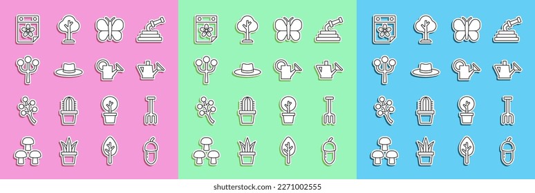 Set line Acorn, Garden rake, Watering can, Butterfly, Gardener worker hat, Blossom tree branch, Calendar with flower and  icon. Vector