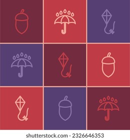 Set line Acorn, Kite and Umbrella and rain drops icon. Vector