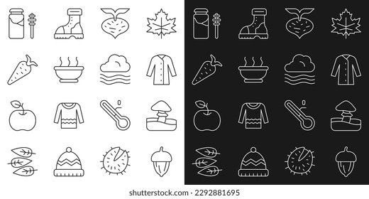 Set line Acorn, Mushroom, Raincoat, Beet, Bowl of hot soup, Carrot, Jar honey and dipper stick and Windy weather icon. Vector