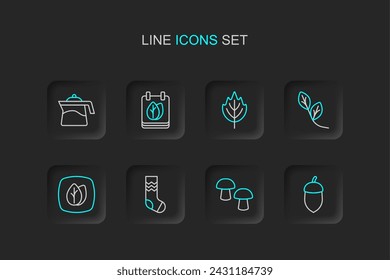 Set line Acorn, Mushroom, Socks, Leaf, Calendar with autumn leaves and Teapot icon. Vector