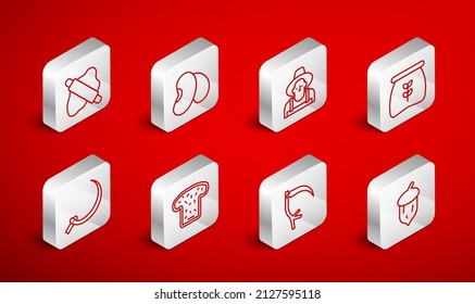 Set line Acorn, oak nut, seed, Beans, Farmer in the hat, Bag of flour, Scythe, Rolling pin on dough, Bread toast and Sickle icon. Vector