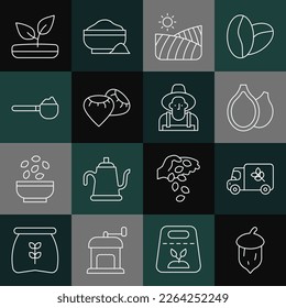 Set line Acorn, oak nut, seed, Flour truck, Pumpkin seeds, Agriculture wheat field, Seed, Measuring cup with flour, Sprout and Farmer the hat icon. Vector