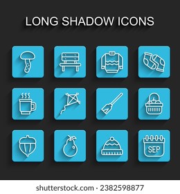 Set line Acorn, Pear, Mushroom, Winter hat, September calendar autumn, Kite, Basket and food and Handle broom icon. Vector