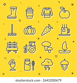 Set line Acorn, Tree, Cup of tea with tea bag, Sweater, Pumpkin, Garden rake, Waterproof rubber boot and Carrot icon. Vector