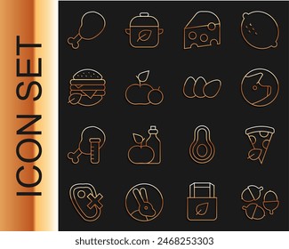 Set line Acorn, Vegan pizza slice, Pig, Cheese, Apple, food diet, Chicken leg and egg icon. Vector
