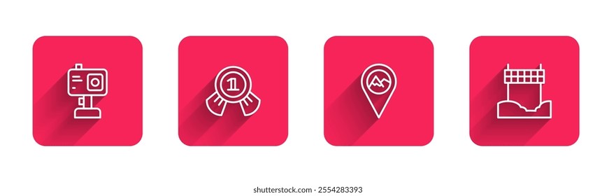 Set line Action camera, Medal, Location with mountain and Ribbon finishing line with long shadow. Red square button. Vector