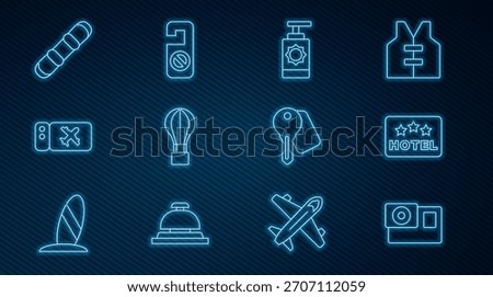Set line Action camera, Signboard with text Hotel, Sunscreen spray bottle, air balloon, Airline ticket, Snowboard, door lock key and Please not disturb icon. Vector