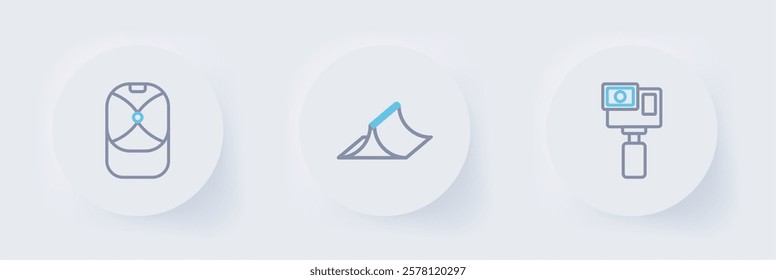 Set line Action camera, Skate park and Baseball cap icon. Vector