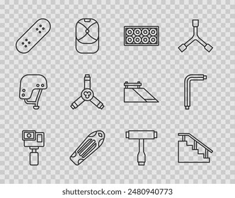 Set line Action Kamera, Skateboard Treppe mit Schiene, Rad, Deck, Y-Tool, T und Tool Allen Keys Symbol. Vektorgrafik