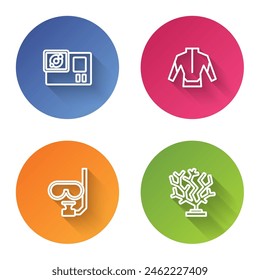 Set line Action camera, Wetsuit, Diving mask and snorkel and Coral. Color circle button. Vector