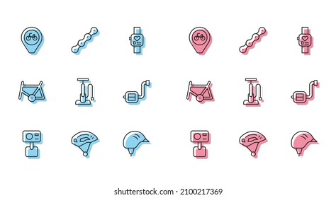 Set line Action extreme camera, Bicycle helmet, Location with bicycle, air pump, pedal, frame and chain icon. Vector