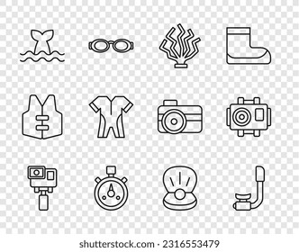 Set line Action extreme camera, Snorkel, Coral, Stopwatch, Whale tail, Wetsuit for scuba diving, Pearl and Photo diver icon. Vector