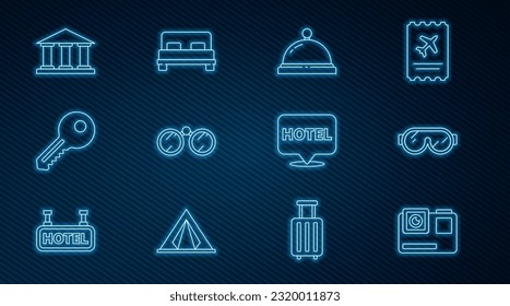 Línea Acción cámara extrema, gafas de esquí, campana de servicio, Binoculares, llave, edificio de museos, hotel de ubicación e ícono de cama grande. Vector