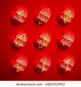 Set line Action extreme camera, Camera focus frame line, Photo, retouching, film roll cartridge and Studio light bulb softbox icon. Vector