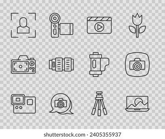 Set line Action extreme camera, Photo retouching, Movie clapper, Camera focus frame line, photo lens, Tripod and  icon. Vector