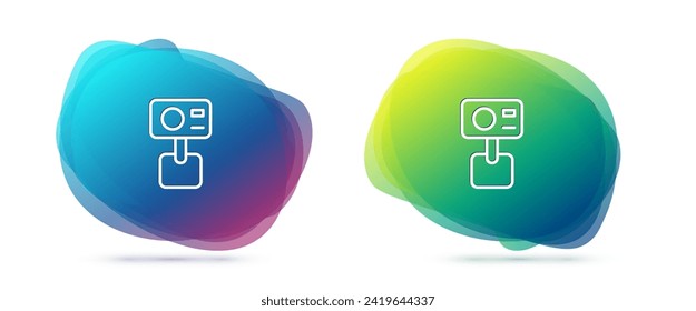 Ajuste la línea Icono de cámara extrema Acción aislado en fondo blanco. Equipo de videocámara para filmar deportes extremos. Pancarta abstracta con formas líquidas. Vector