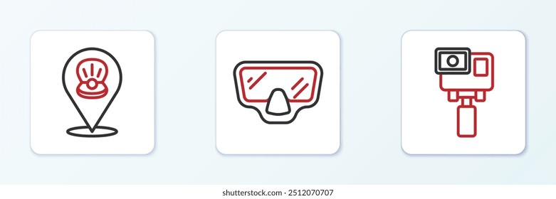 Set line Action extreme camera, Scallop sea shell and Diving mask icon. Vector