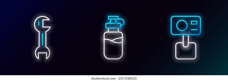 Set line Action extreme camera, Wrench spanner and Sport bottle with water icon. Glowing neon. Vector