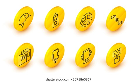 Set line Action extreme camera, Award cup with bicycle, Mobile holder, Bicycle repair service, pedals, sprocket crank, Sunscreen cream in tube and helmet icon. Vector