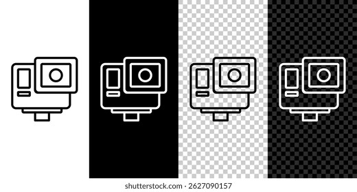 Set line Action extreme camera icon isolated on black and white background. Video camera equipment for filming extreme sports.  Vector