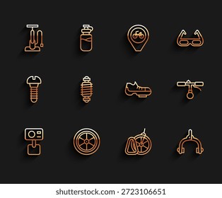 Set line Action extreme camera, Bicycle wheel, air pump, parking, brake calipers, suspension, handlebar and shoes icon. Vector