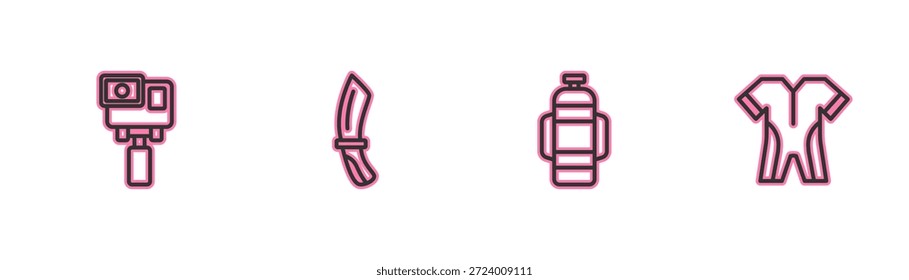 Set line Cámara extrema de acción, Aqualung, cuchillo de buceo y traje de neopreno para el icono de buceo. Vector