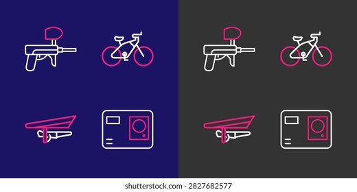 Set line Action extreme camera, Hang glider, Bicycle and Paintball gun icon. Vector