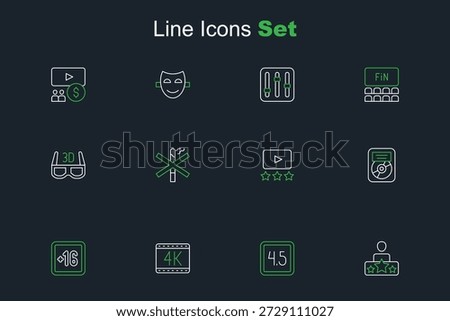 Set line Actor star, Rating movie, 4k, Plus 16, CD disk award frame, No smoking and 3D cinema glasses icon. Vector