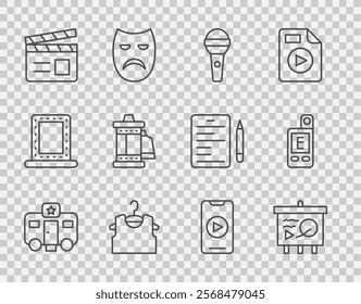 Set line Actor trailer, Scenario on chalkboard, Microphone, Sleeveless T-shirt, Movie clapper, Camera roll cartridge, Online play video and Light meter icon. Vector