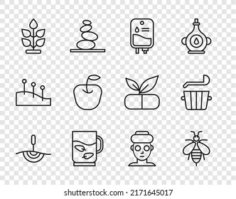 Fijar línea de Acupuntura terapia, Bee, IV bolsa, Taza de té y hoja, Planta, Apple, Máscara cosmética facial e ícono de la cubeta de la Sauna. Vector