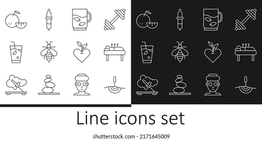 Set Line Acupuncture Therapy, Cup Of Tea And Leaf, Bee, Fresh Smoothie, Citrus Fruit, Heart And Pipette Icon. Vector