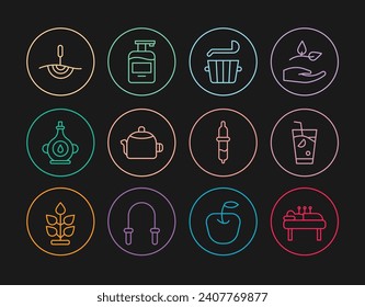 Set line Acupuncture therapy, Fresh smoothie, Sauna bucket and ladle, Kettle with handle, Oil bottle, Pipette and Bottle of liquid soap icon. Vector