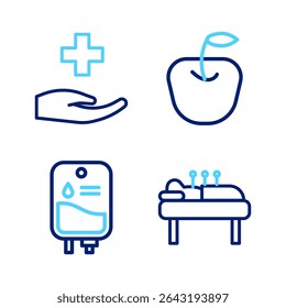 Set line Acupuncture therapy, IV bag, Apple and Cross hospital medical icon. Vector