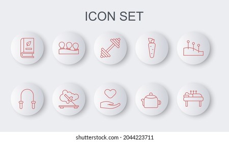 Set line Acupuncture therapy, Jump rope, Dumbbell, Kettle with handle, Medical book, Vacuum cans, Scented spa stick and Heart in icon. Vector