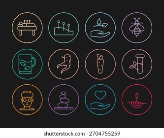 Set line Terapia de acupuntura, Vidrio de laboratorio y hojas, Hoja en mano, Raíz de jengibre, Taza de hoja de té, Zanahoria e icono. Vector