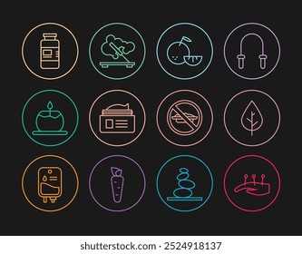 Set line Acupuncture therapy, Leaf, Citrus fruit, Ointment cream tube, Aroma candle, Collagen serum, Food no diet and Scented spa stick icon. Vector