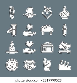Set line Acupuncture therapy, Scented spa stick, Pipette, Heart, Cross hospital medical, Laboratory glass and leaves, Carrot and  icon. Vector