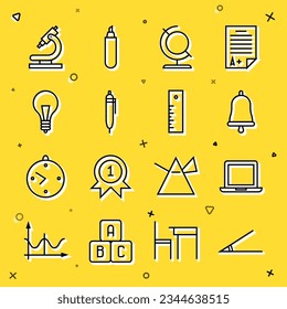 Set line Acute angle, Laptop, Ringing bell, Earth globe, Pen, Light bulb with concept of idea, Microscope and Ruler icon. Vector