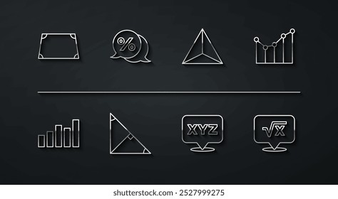 Definir linha Forma trapezoide aguda, cronograma, gráfico, diagrama, sistema de coordenadas XYZ, bissetor de ângulo de triângulo, tag de porcentagem de desconto, glifos x de raiz quadrada e figura geométrica Ícone de tetraedro. Vetor