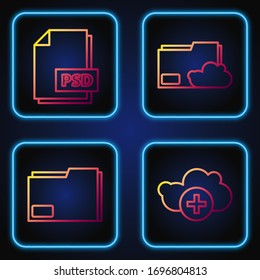 Set line Add cloud, Document folder, PSD file document and Cloud storage text document folder. Gradient color icons. Vector