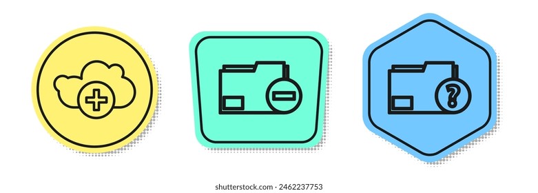 Set line Add cloud, Document folder with minus and Unknown document folder. Colored shapes. Vector