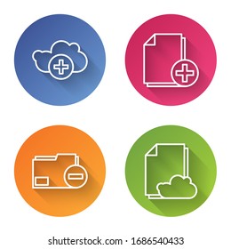 Set line Add cloud, Add new file, Document folder with minus and Cloud storage text document. Color circle button. Vector