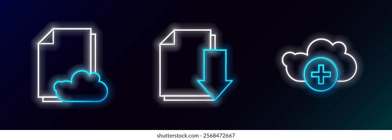 Set line Add cloud, Cloud storage text document and Document with download icon. Glowing neon. Vector