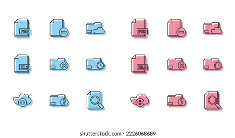 Set line Add cloud, Unknown document folder, PSD file, Document with search, Delete, clock, XLS and minus icon. Vector