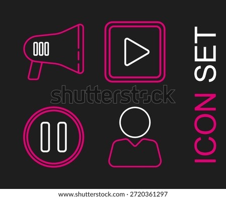 Set line Add to friend, Pause button, Play in square and Megaphone icon. Vector