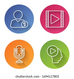 Set line Add to friend, Play Video, Microphone and Head people with play button. Color circle button. Vector