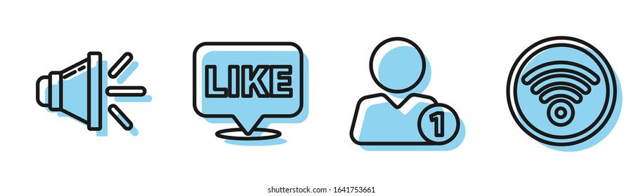 Set line Add to friend, Speaker volume, Like in speech bubble and Wi-Fi wireless internet network icon. Vector