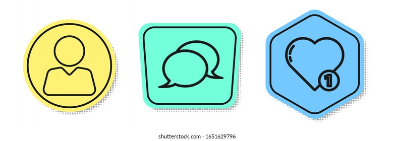 Set line Add to friend, Speech bubble chat and Like and heart. Colored shapes. Vector